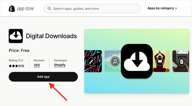 La aplicación Descargas digitales en la tienda de aplicaciones de Shopify.