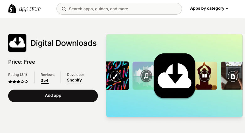 La aplicación Shopify Digital Downloads en la tienda de aplicaciones de Shopify.