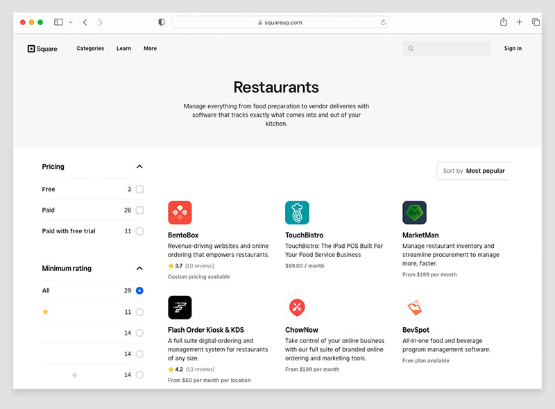 Algunas de las aplicaciones de restaurantes en Square App Market