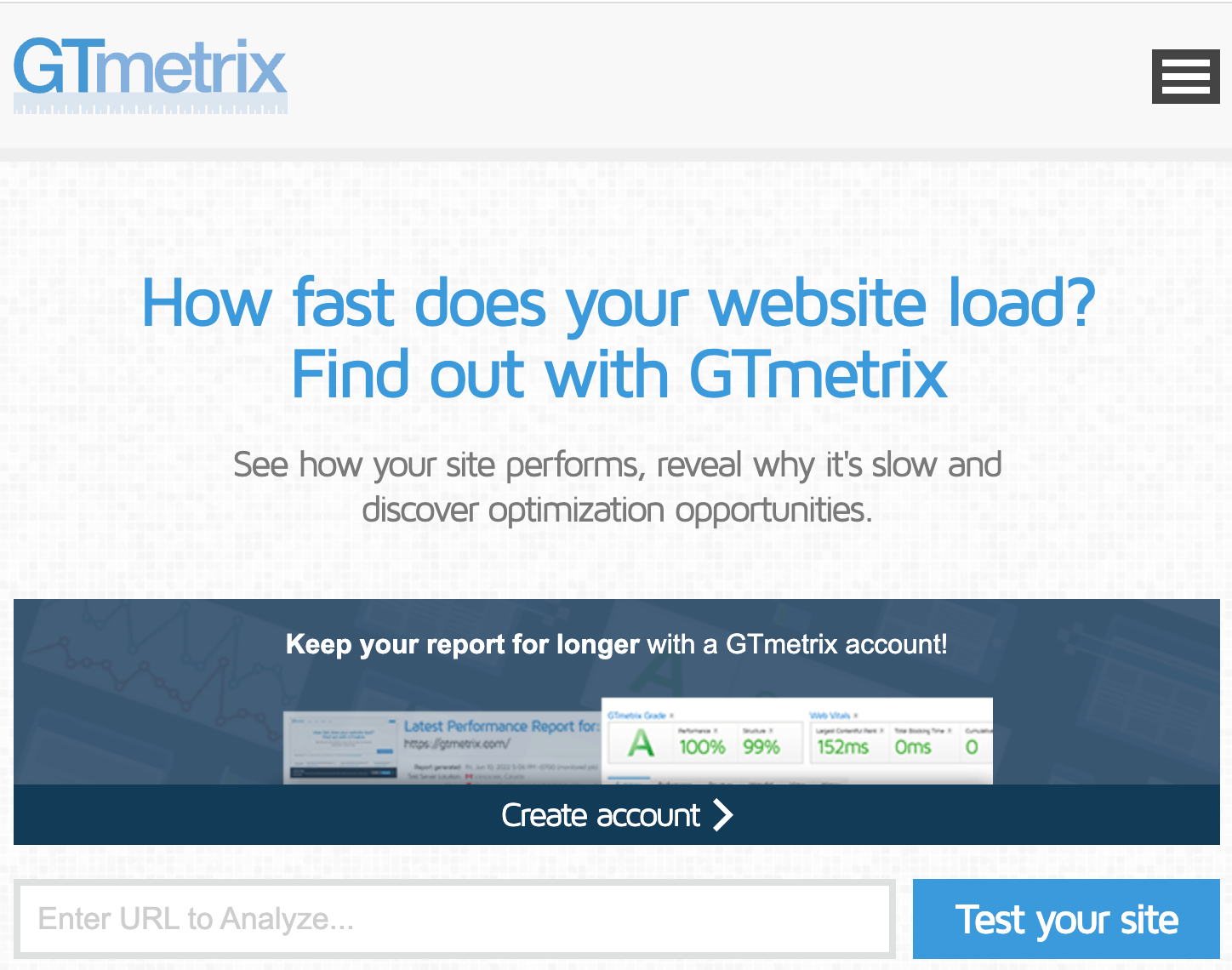 Interfaz de la página de inicio de GTmetrix