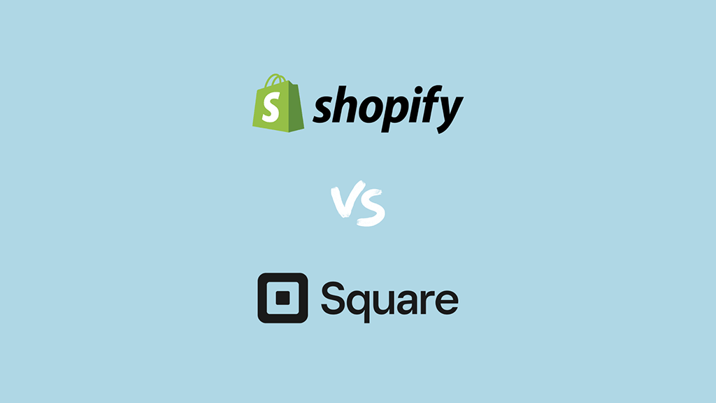 Shopify vs Square: logotipo de Shopify y registro de Square sobre un fondo azul claro.