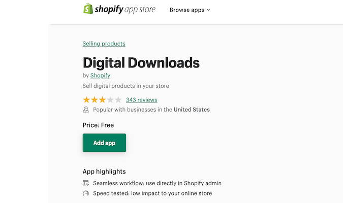 Captura de pantalla de las descargas digitales de la tienda de aplicaciones de Shopify.
