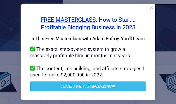 Captura de pantalla de una clase magistral gratuita sobre cómo iniciar un negocio rentable de blogs.