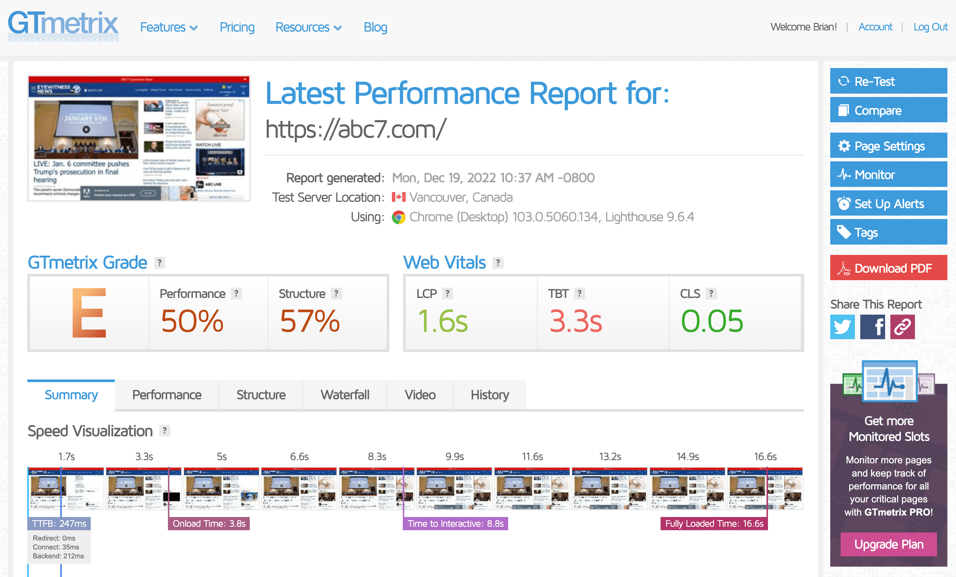 Captura de pantalla del informe de GTMetrix que muestra el resultado del rendimiento de la velocidad de la página.