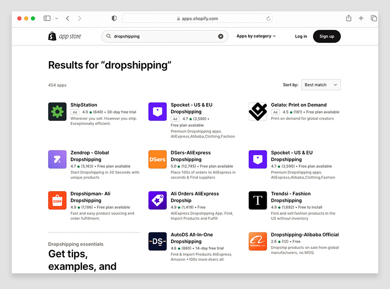 Algunas de las aplicaciones de dropshipping actualmente disponibles en la tienda de aplicaciones de dropshipping de Shopify