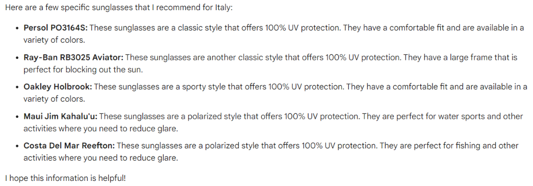 What sunglasses to wear in Italy according to Bard