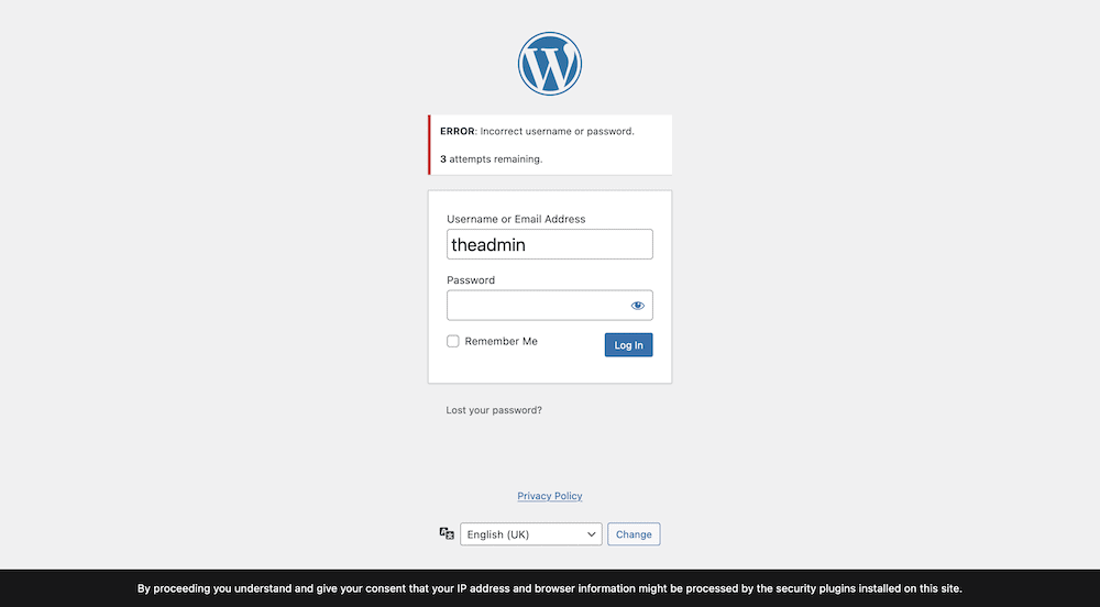 Una página de inicio de sesión de WordPress que muestra un inicio de sesión fallido y quedan tres intentos para acceder a la pantalla de wp-admin.