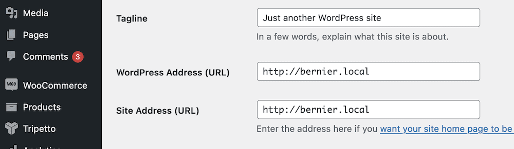 Captura de pantalla del panel de WordPress wp-admin que muestra las URL de WordPress y la dirección del sitio.