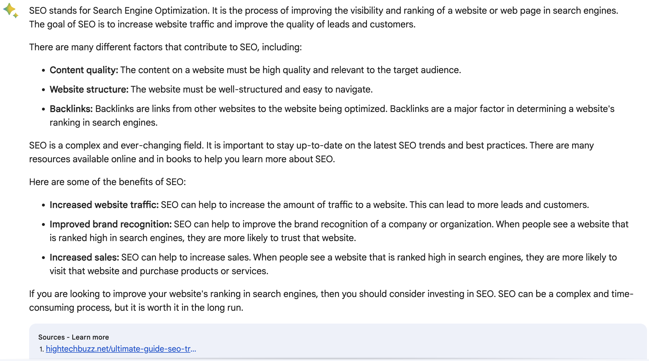 La respuesta de Google Bard al aviso: ¿qué es SEO?