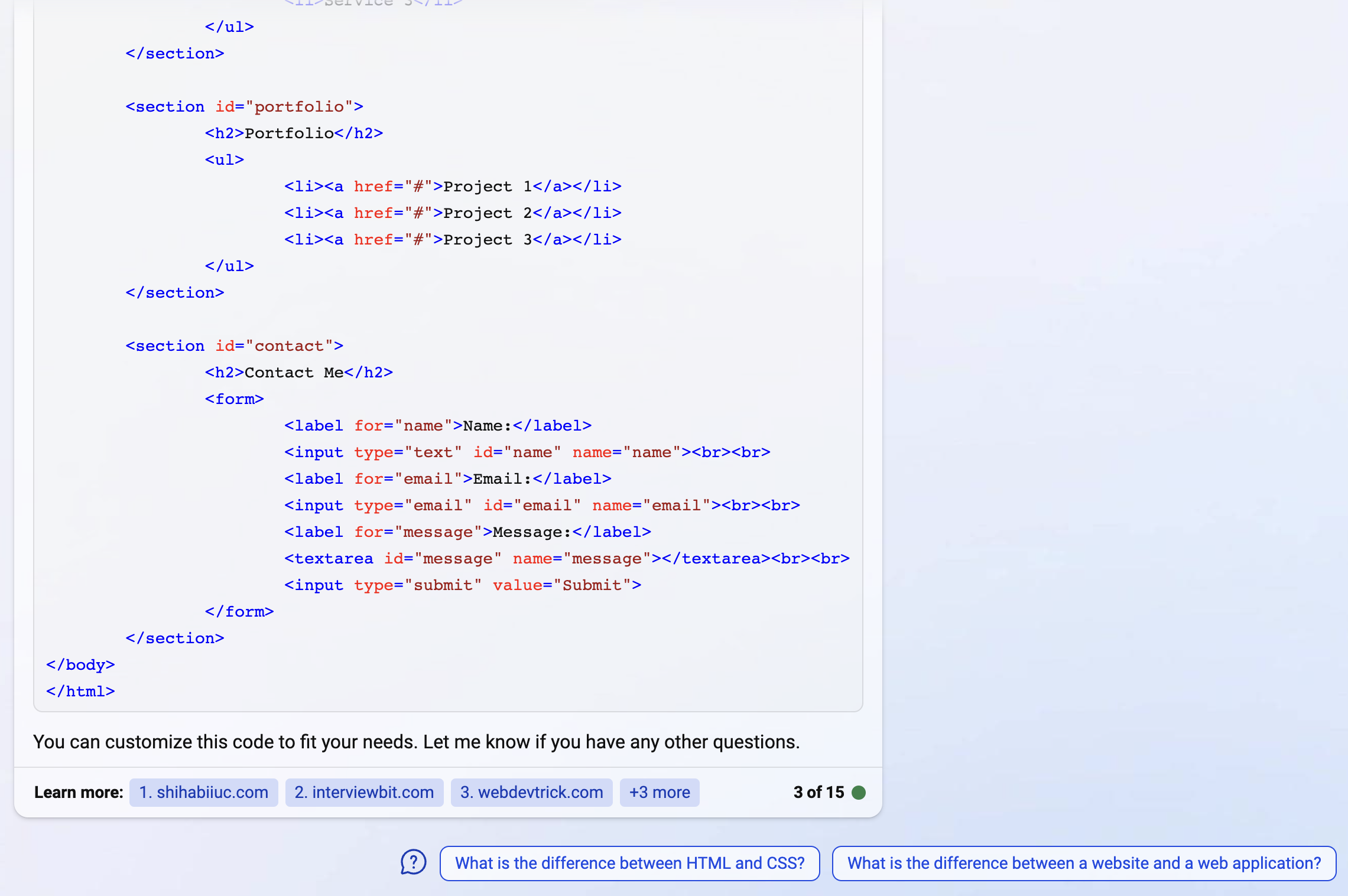 código html para el sitio web de la página bing