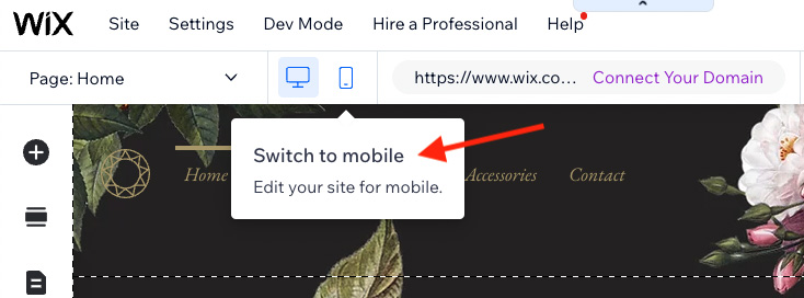 Editando un sitio móvil en Wix.