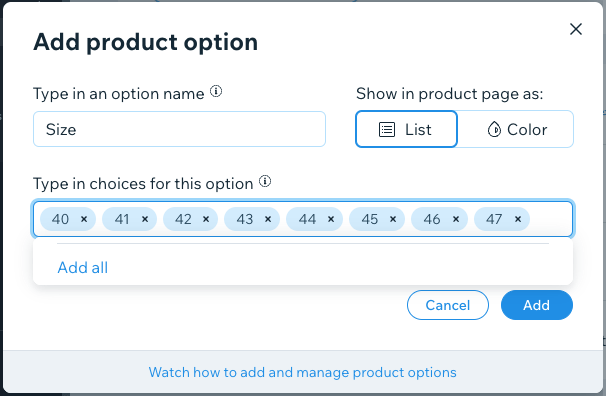 Trabajar con opciones y variantes de productos en Wix.
