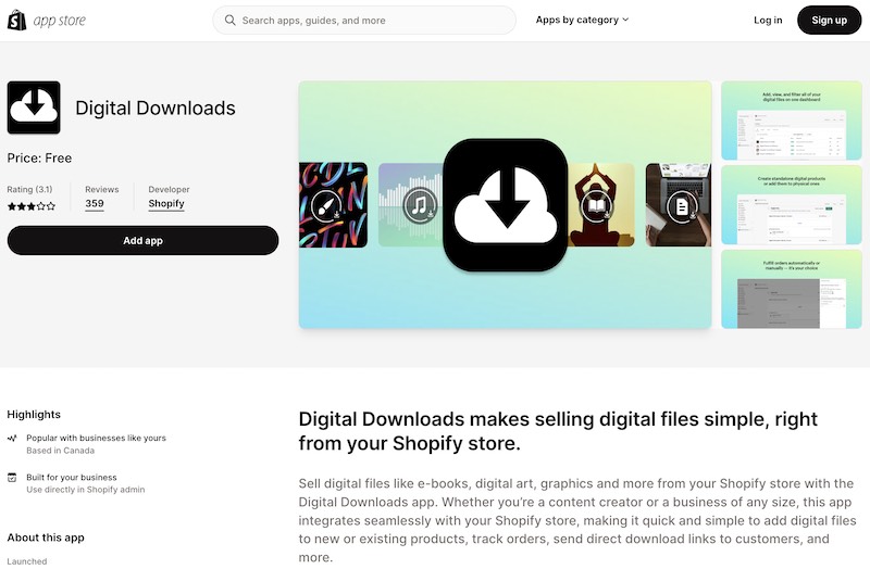 La aplicación de descargas digitales Shopify