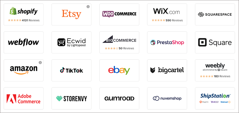 Logotipos de algunas de las plataformas de comercio electrónico e integraciones de mercado de Printful.