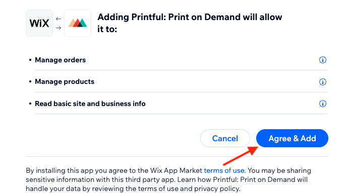 Confirmando la conexión entre tus cuentas de Wix y Printful.