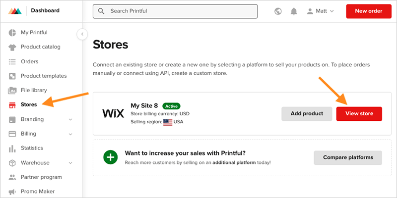 Inicia sesión en tu tienda Wix en el panel de control de Printful.
