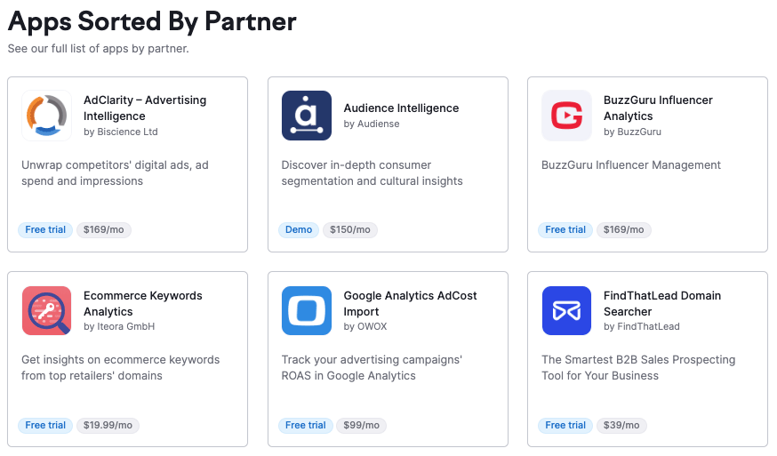 Algunas de las aplicaciones de Semrush actualmente disponibles en el App Center