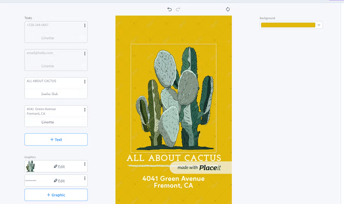 Generador de arrastrar y soltar con una imagen de un cactus y una dirección de California. 