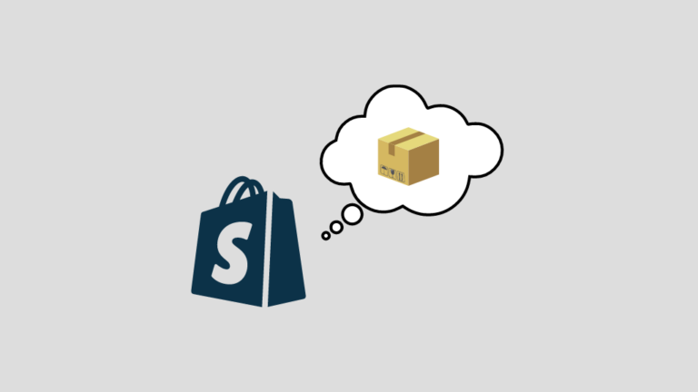 Cómo vender en Shopify sin inventario: imagen del logotipo de Shopify y una burbuja de pensamiento