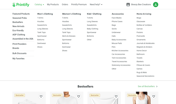 Menú desplegable que muestra el catálogo de productos que ofrece Printify.