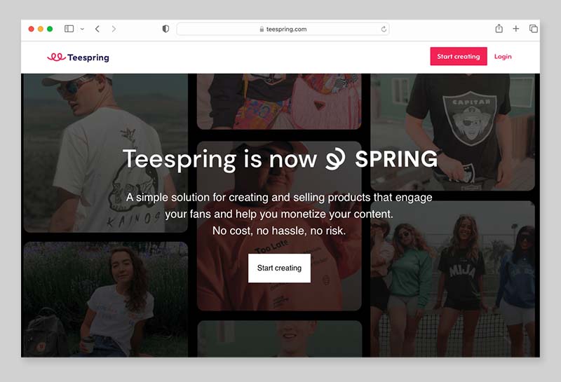 Página de inicio de Teespring que anuncia el cambio de marca de la empresa como 