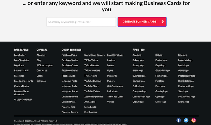 Menú de pie de página de BrandCrowd para buscar logotipos por industria. 