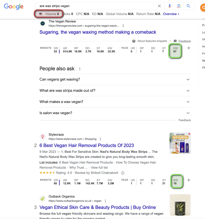 Captura de pantalla de las tiras depilatorias de la consulta de búsqueda de Google