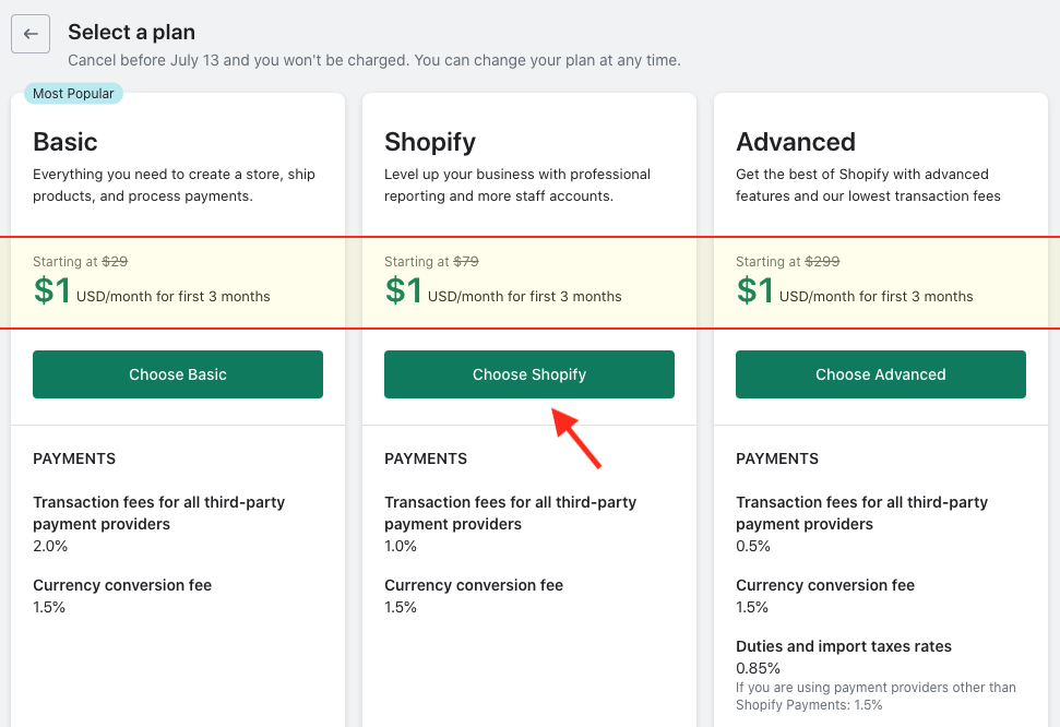 Opciones de precios con la oferta de 3 meses de $1 de Shopify aplicada