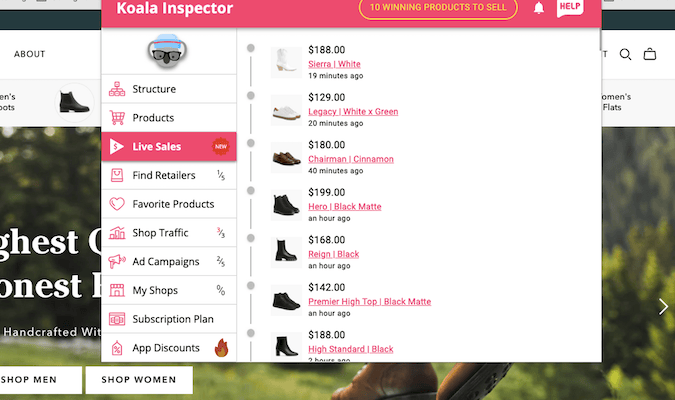 Live sales list of shoes within the Koala Inspector extension