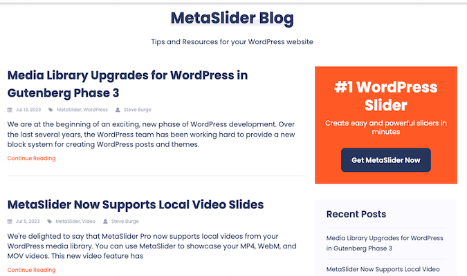 MetaSlider blog home page