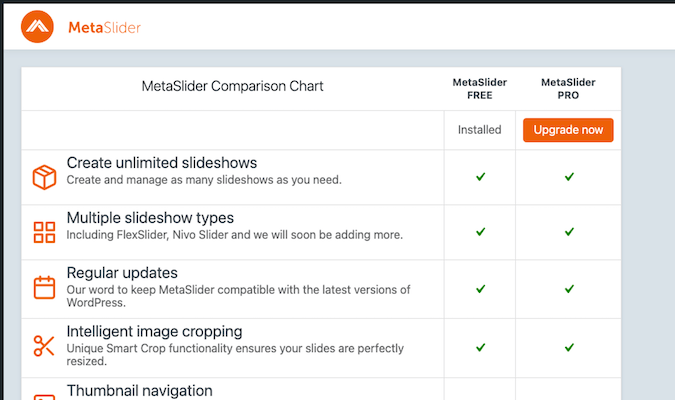 MetaSlider comparison chart for free versus pro plan