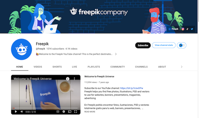 YouTube subscribe page for Freepik