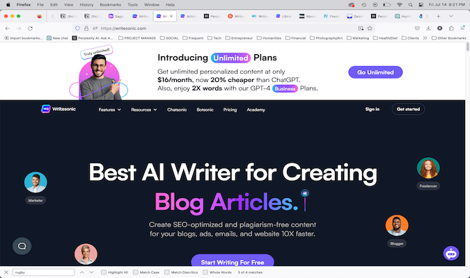 Writesonic home page with a purple button to start writing for free. 