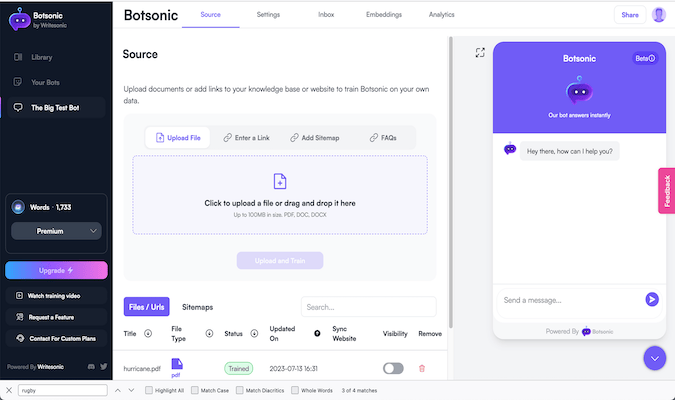 Botsonic source page with a drag and drop file upload option. 