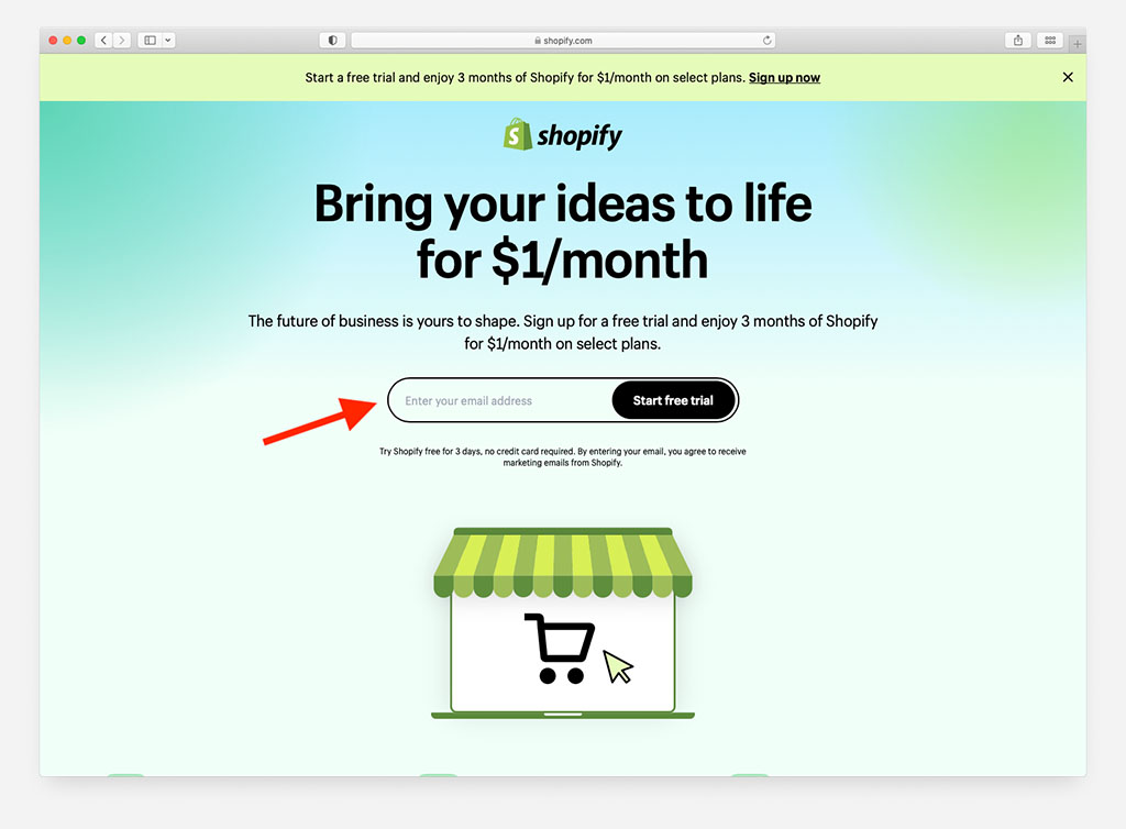 Página de registro de Shopify $1 por 3 meses.