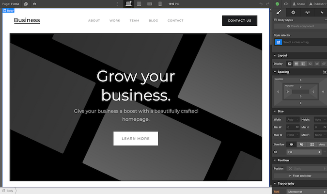 Webflow interface with a grow your business design