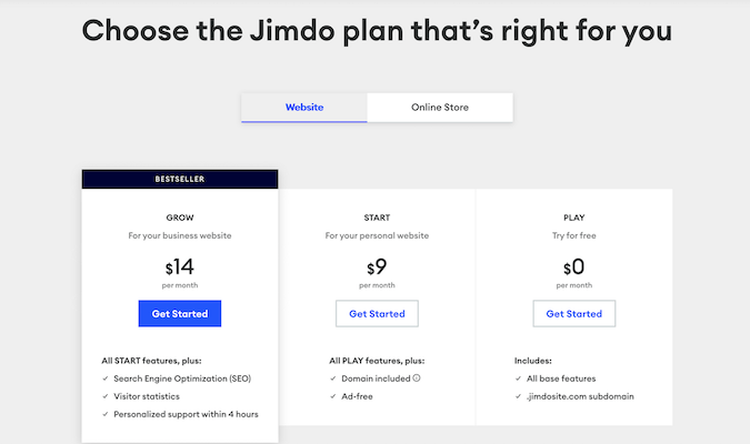 Three Jimdo plans to choose from.