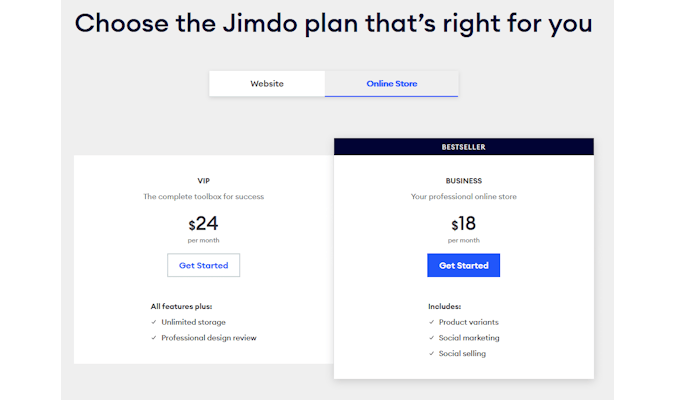 Two Jimdo plans to choose from.
