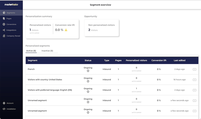 Segment overview page with a list of active segments shown.