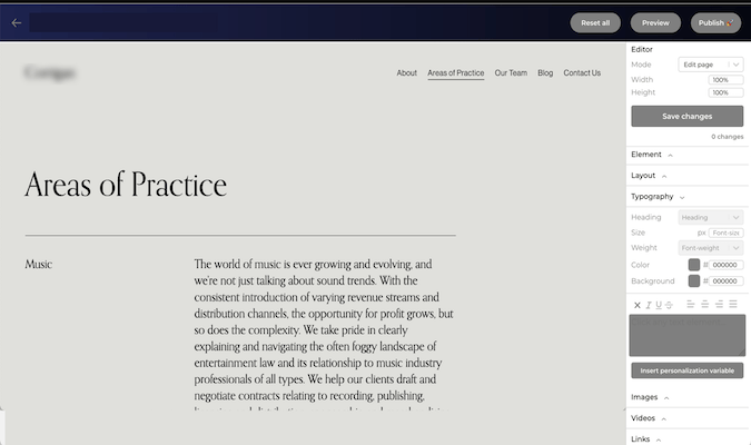 Areas of practice page in Markettailor interface.