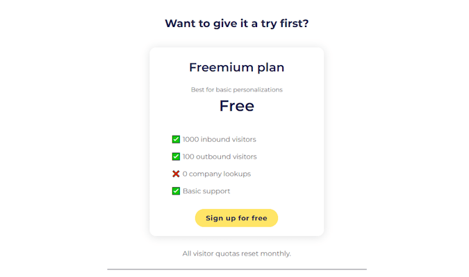Freemium plan page for Markettailor.