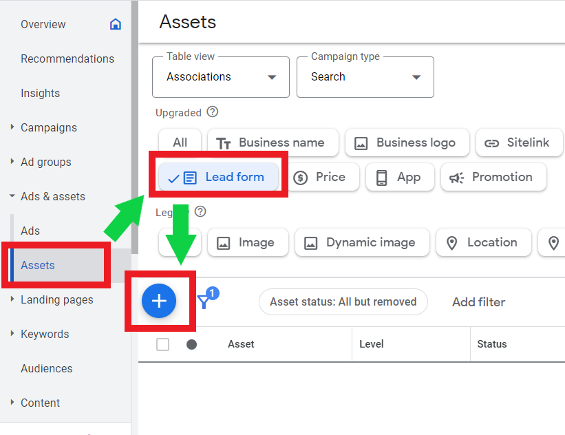 Where to find lead form asset creation in Google Ads.