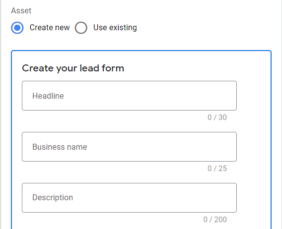 Input headline, business name, and description in lead form creation.