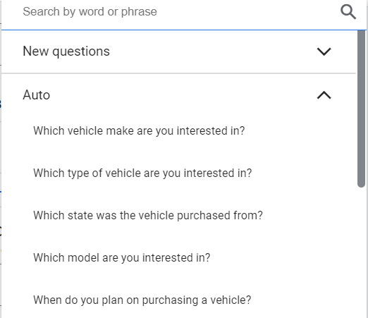 Choose from qualifying questions in Google Ads lead form creation.