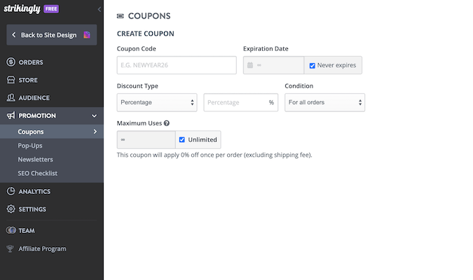 Create coupon page with options to create expiration date and add discount type. 
