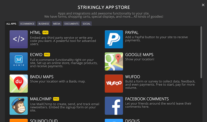 Strikingly App Store with various apps shown. 