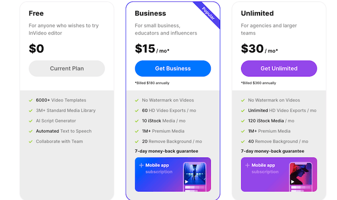 Three plans for InVideo including Free, Business, and Unlimited. 