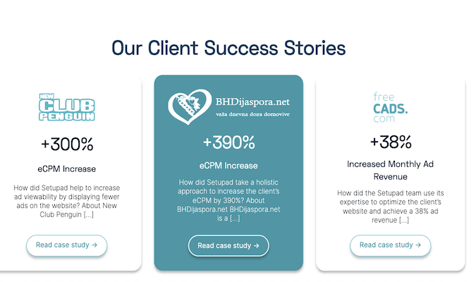 Three client success stories. 