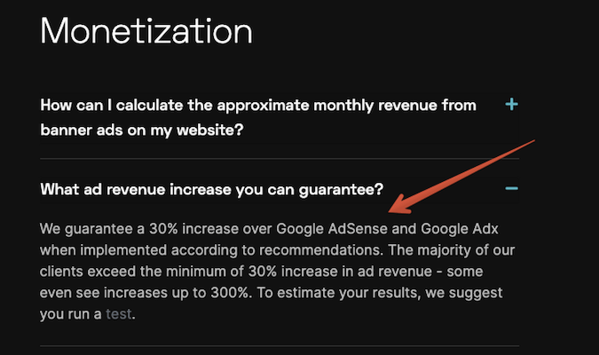 Monetization example with red arrow pointing to answer to a question. 