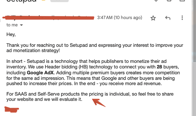 Return email from Setupad with information about the services they provide. 